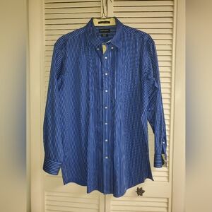 Paul Fredrick Non Iron Men's Shirt in Blue, White & Yellow Stripes Size 18x35